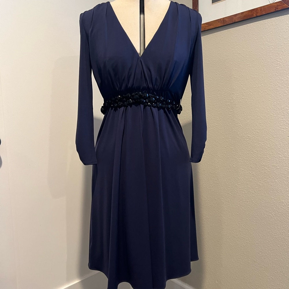 Elegant Navy Dress with Beaded Waist